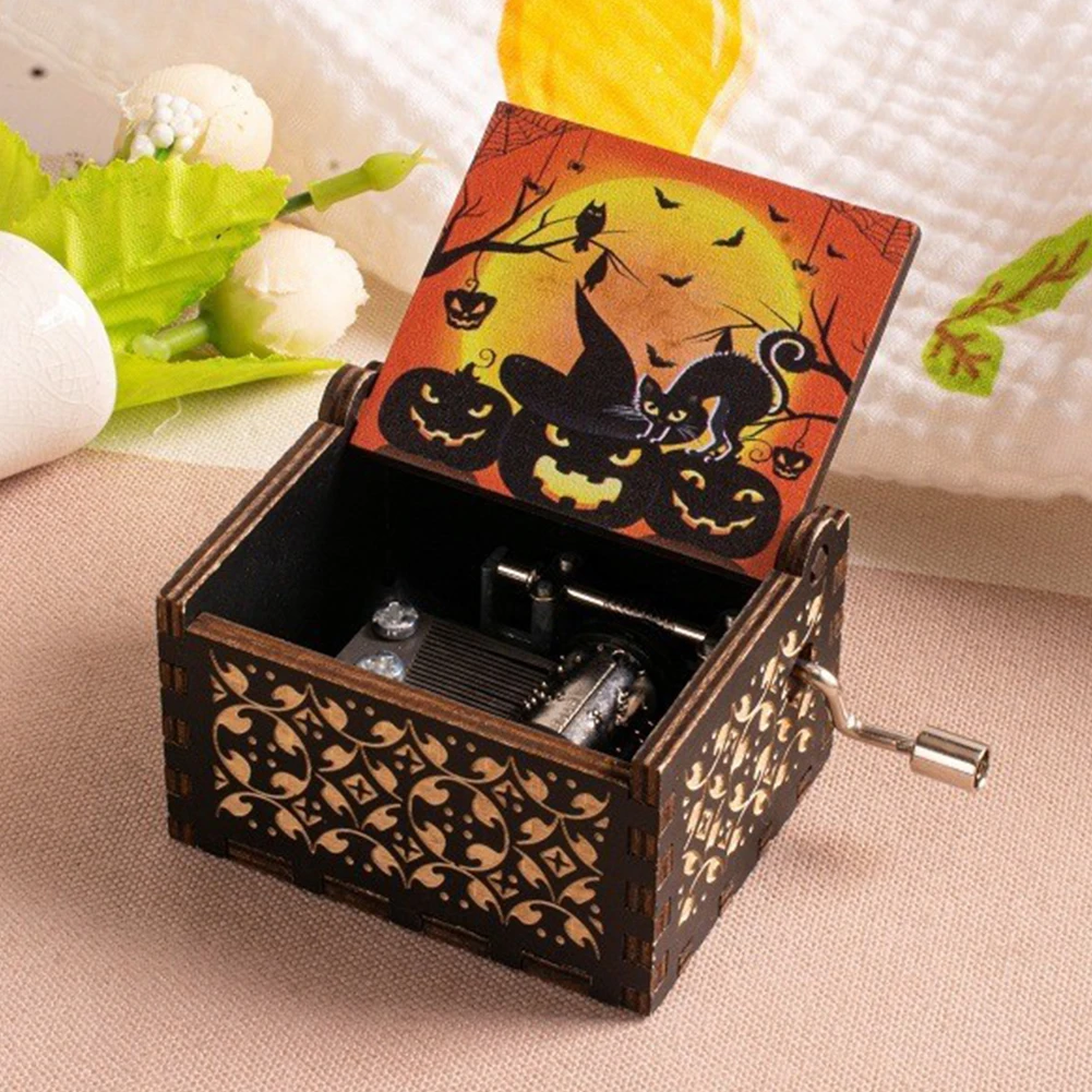 Halloween Eve Wooden Antique Engraved Musical Box Fright Night Musical Box Engraving Nightmare for Halloween Party