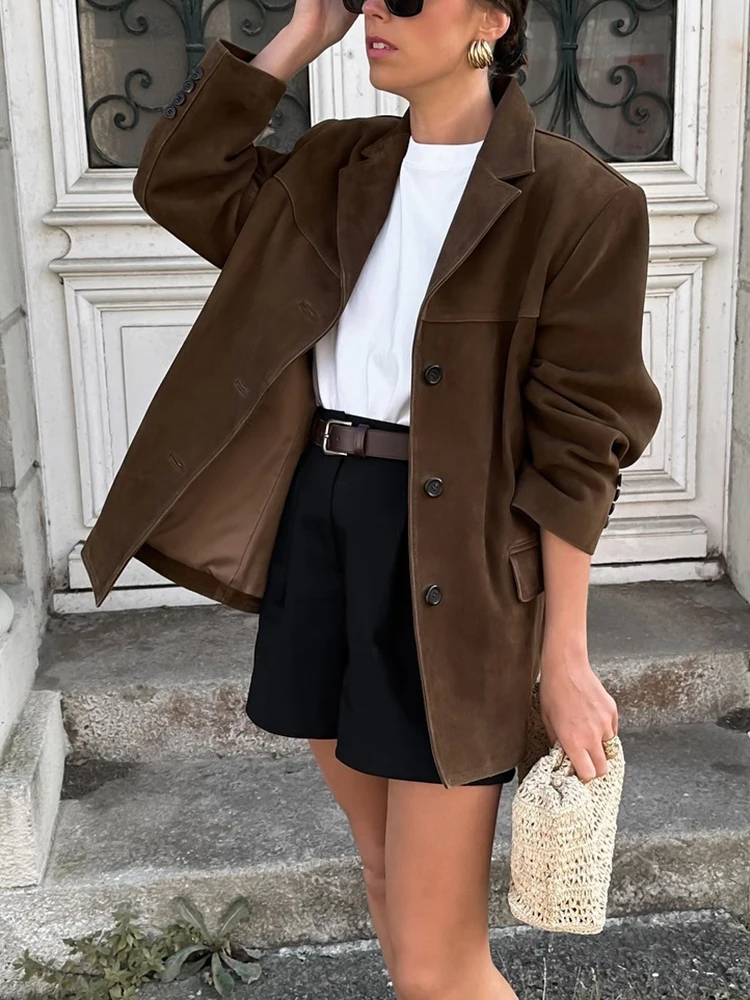 Vintage Women Loose Suede Jackets 2024 Fashion Ladies Oversize Brown Faux Leather Outfit for Female HighStreet Chic Clothes Cute 4