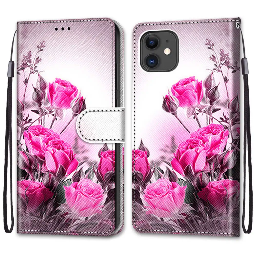 Leather Flip Phone Case For iPhone 11 XR X XS 7 8 SE 2020 SE 2022 Lion Cat Flower Painted Wallet Card Holder Back Cover