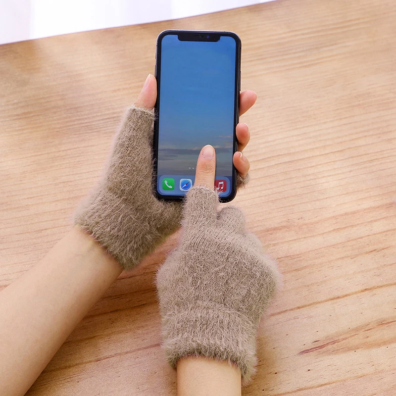 Solid Color Winter Gloves for Kids Imitation Mink Fur Thicken Boy Girl Outdoor Warm Half Finger Gloves Plush Children Mittens