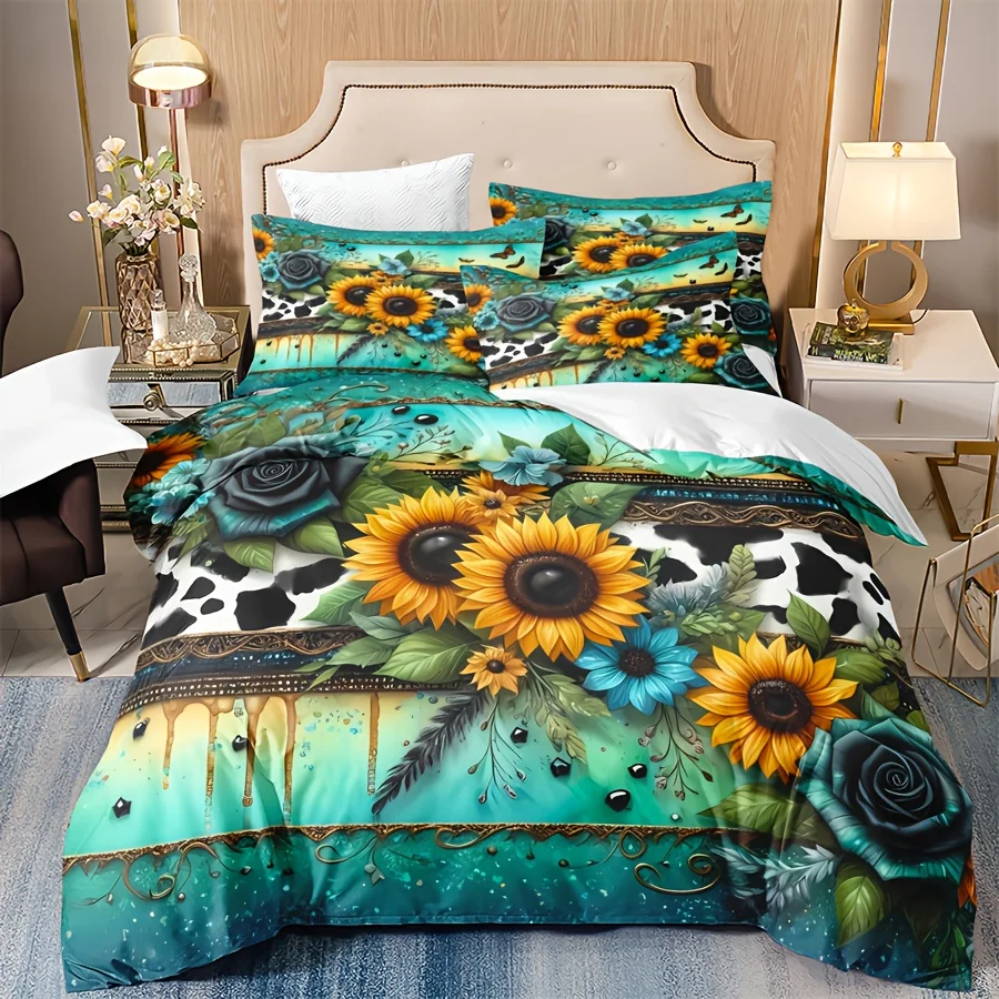 Ultra-Soft | Elegant 3pcs Ultra-Soft Sunflower Flower Duvet Cover Set | 1*Duvet Cover 2*Pillowcases, Without Core | Fashionable