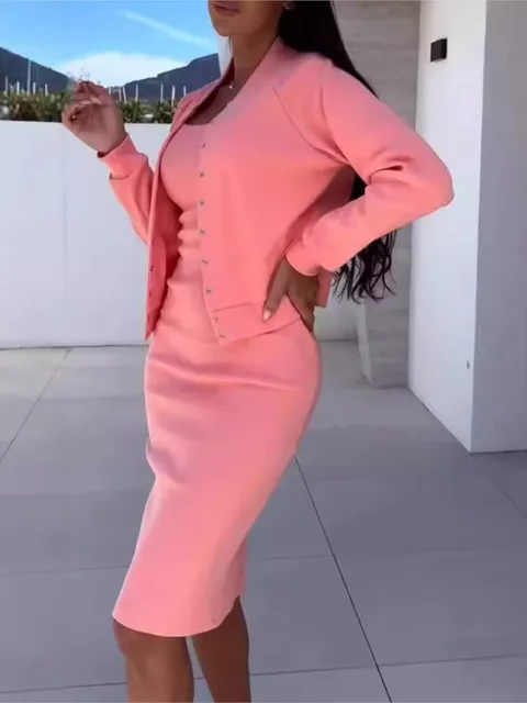 Spring Summer Sexy Slimming Suspender Dress Long-sleeved Coat Two-piece Set Women's Gentle Style Simple Solid Color Skirt Set 2