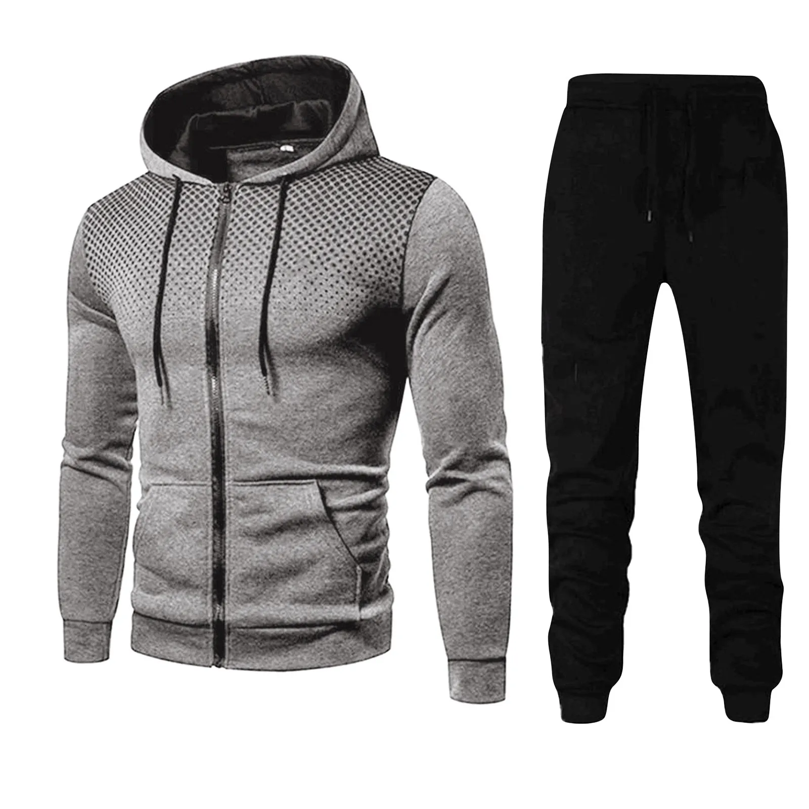 Mens Sweatshirt Set Zip Up Hooded Pockets Hoodie Drawstring Elastic Sweatpant Autumn Winter Fitness Sports Jogger Tracksuits Set