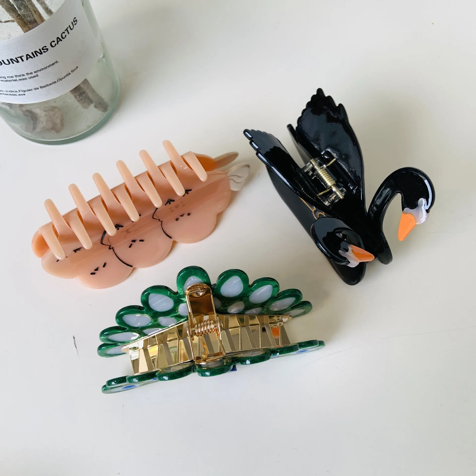 Damen-Clip, Vogel-Acetat-Clip, schwarzer Schwan-Clip, Leopardenmuster, Vogel, Tier, Papagei, Haar-Accessoires, einfache, lustige Hai-Clip-Mode_voghion.com