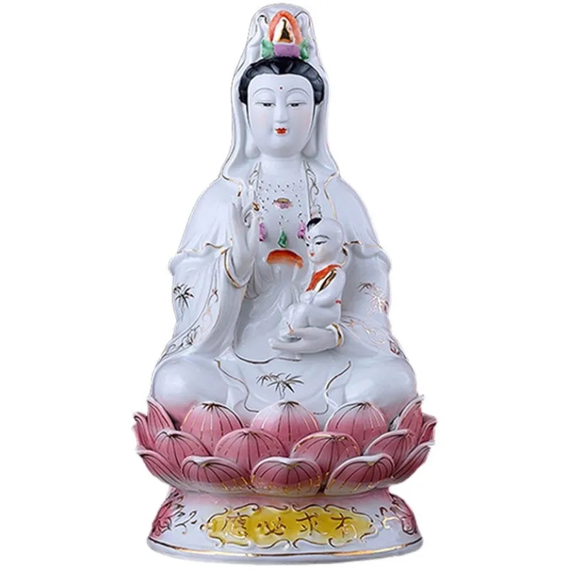 Chinese Ceramic Goddess of Mercy Statue - Fertility Guanyin Bodhisattva, Home Decor Buddha Figurine for Blessing, Pregnancy Wish