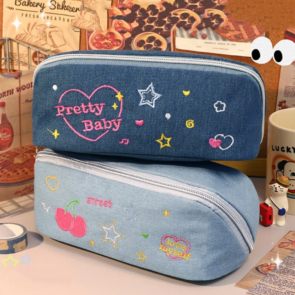 

Y2K Vintage Y2k Pencil Bag Simplicity Large-capacity Denim Pencil Case Storage Bag Zipper Aesthetic Pen Bag Student Supply
