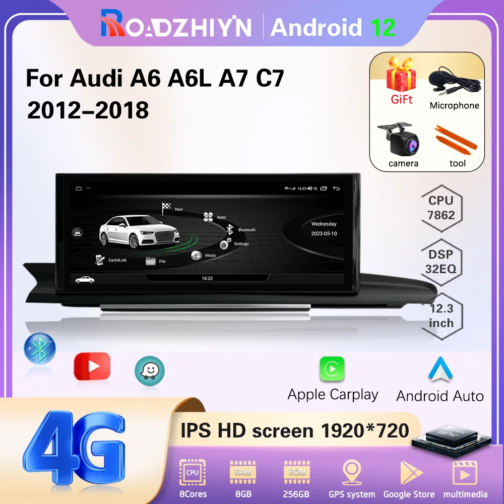 

12.3 "Car Multimedia Video Player For Audi A6 A6L A7 C7 2012-2018 GPS Navigation Android12 Radio stereo 8+256G Carplay 4G Car CD