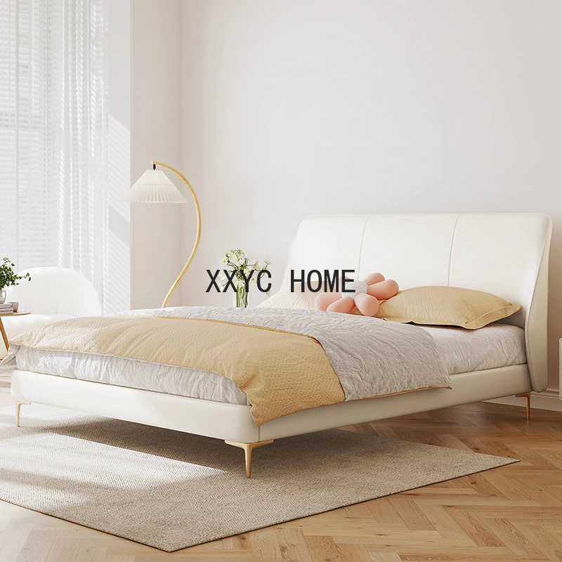 

CXH Top Layer Leather Light Luxury Soft Pack Bed Modern Master Bedroom Bed Cream White Marriage Bed