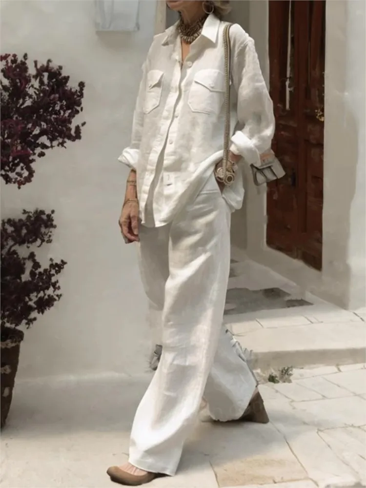 Spring Autumn Fashion Loose Long Pants Sets 2024 Women's Lapel Cotton Linen Solid Pocket Shirt Wide Leg Pants Two Piece Sets