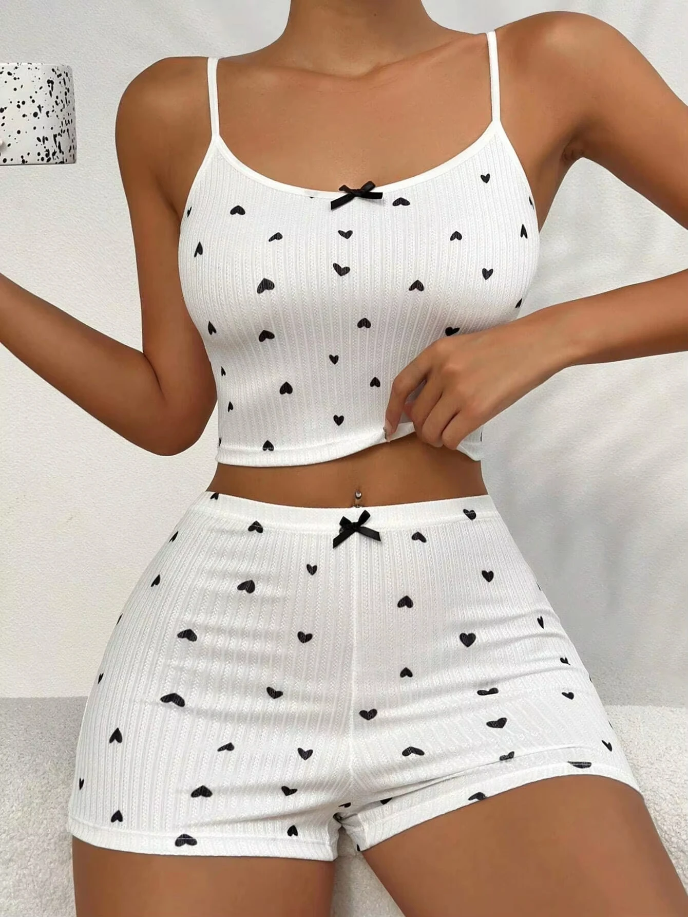 Spring Summer Sleepwear for Women Pajamas Heart Print Casual Backless Crop Cami Top & High Waist Skinny Shorts Set Loungewear