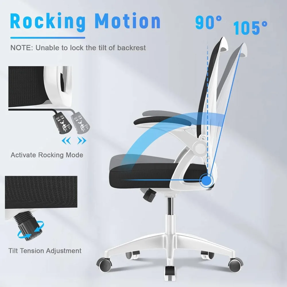 "ergonomic mid-back office chair with adjustable height, flip-up armrests, lumbar support, and breathable white design"