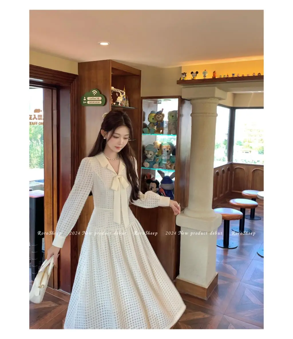 Elegant Vintage Lapel Midi Dresses for Women Bow Long Sleeve Birthday Party Dress A-line Autumn New Korean Fashion Vestido Mujer