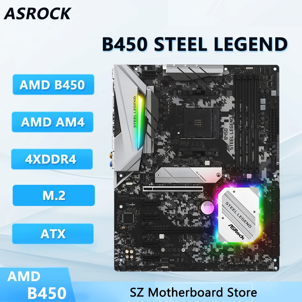 ASROCK B450 STEEL LEGEND Motherboard AMD B450 AMD DDR4 AM4 128GB M