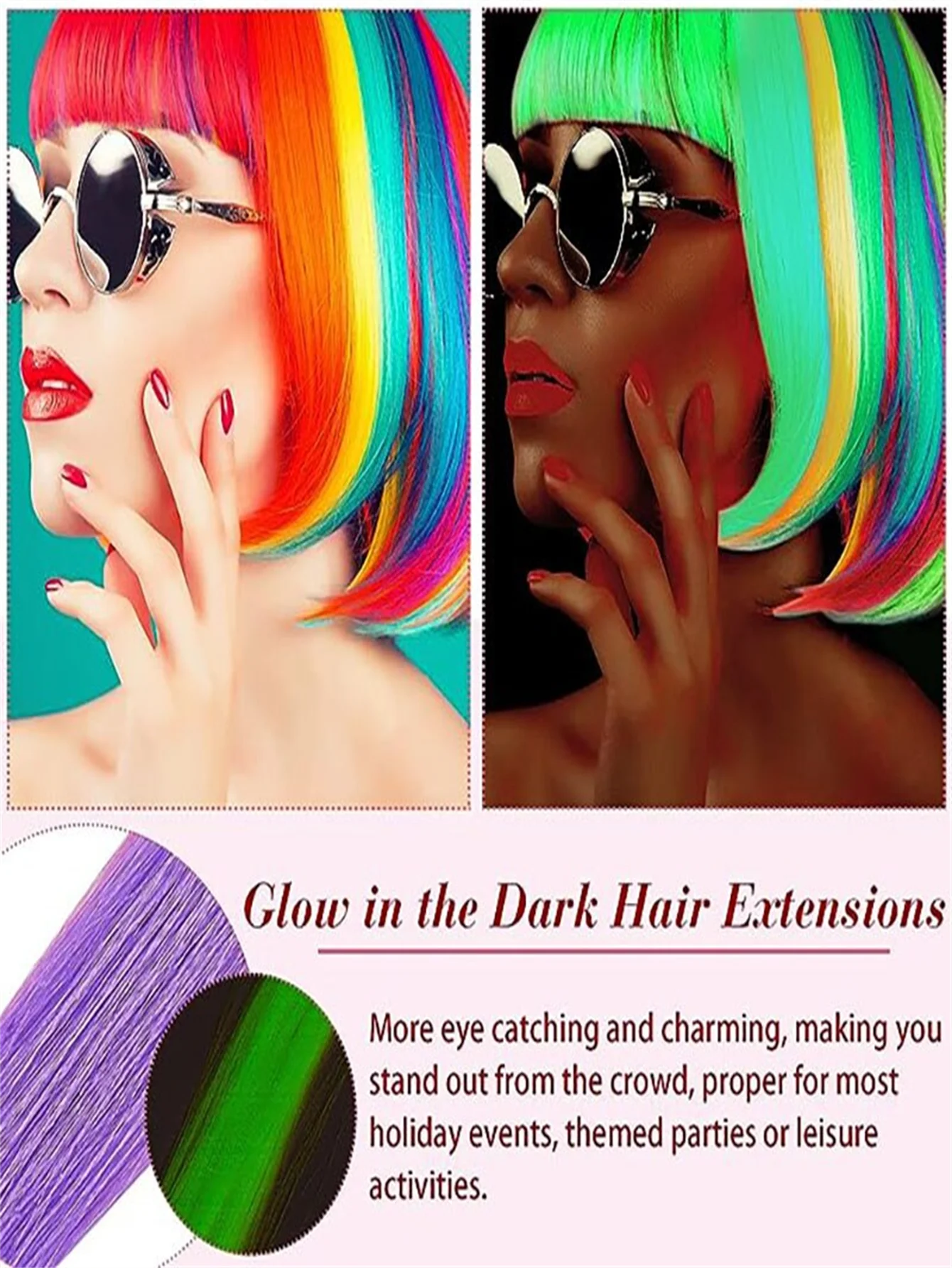 Hair Extensions 10pcs Luminous Clip In Synthetic Hair Extensions 20 Inch Mixed Colored Fluorescent Glow In The Dark Neon Hairpieces