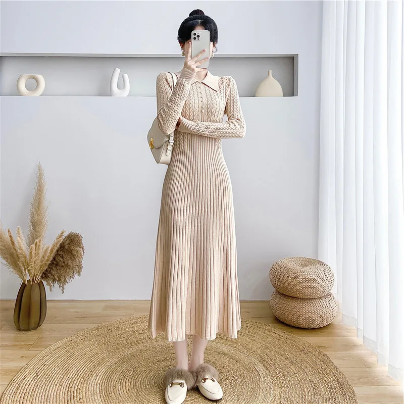 Ribbed Autumn Knit Long Dress For Women Fashion High Waist Elegant Solid Long Sleeve Dress Lapel Loose Knitwear Maxi Dress
