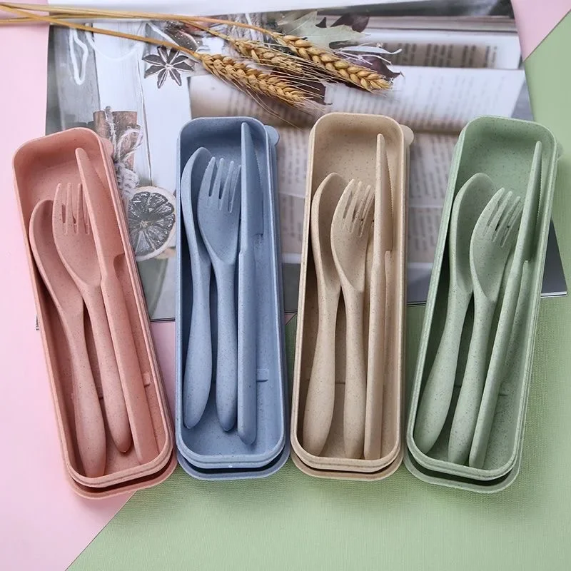 Cutlery Set Western Style Cutlery Set Picnic Cutlery Set Picnic Tableware Camping Cutlery Set Colorful Wheat Straw Knife Fork Spoon Set with Storage Box Outdoor Camping Portable Plastic Tableware Student Lunch Cutlery Set