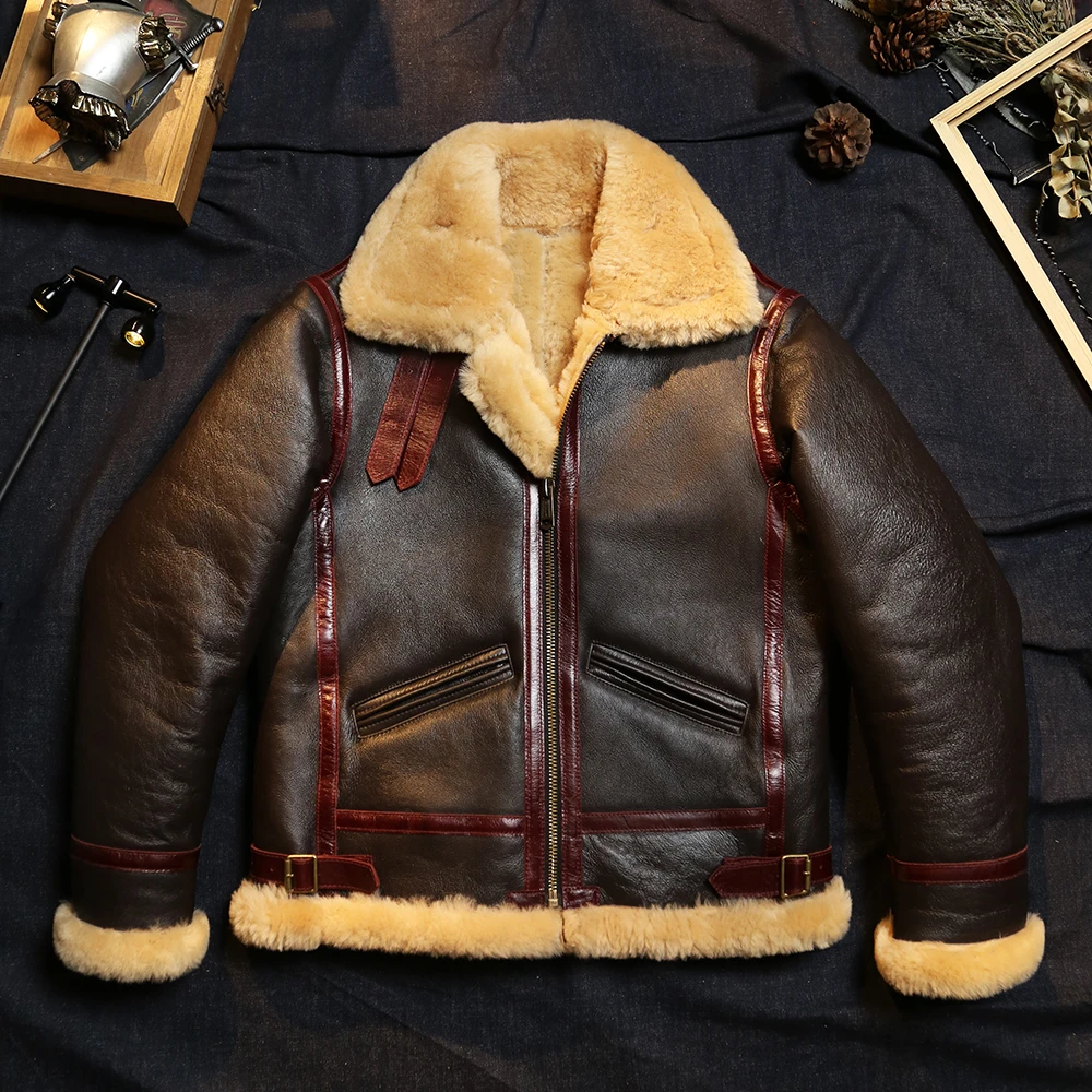 Classic Genuine Shearling Coat Military Style Plus Size Real Natural