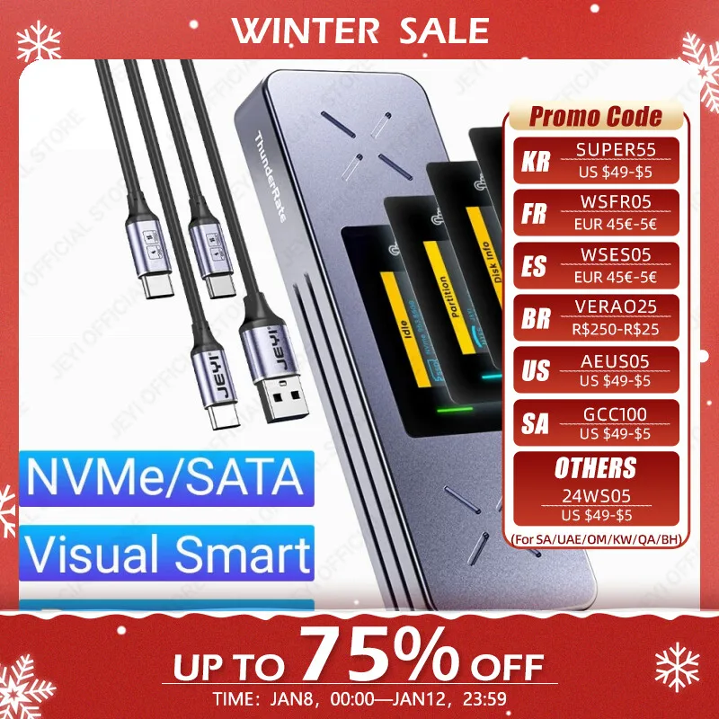  JEYI Visual Smart M.2 NVMe / SATA SSD Enclosure, USB 3.2 Gen 2 10Gbps, External M2 Adapter Case Support M-Key B +M Key UASP Trim 