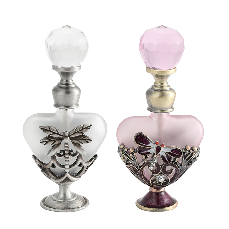 Frosted Glass Perfume Bottle 5ml Metal Dragonfly Decor Heart Shape Container Diamond Cap Crystal Refillable White Pink Purple