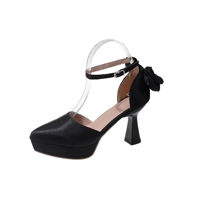 High Heels Women 2024 Summer New Fashion Satin Face Pointed Toe High Heel Sandals Bow One Word Buckle Thick Heel Women's Shoes 6