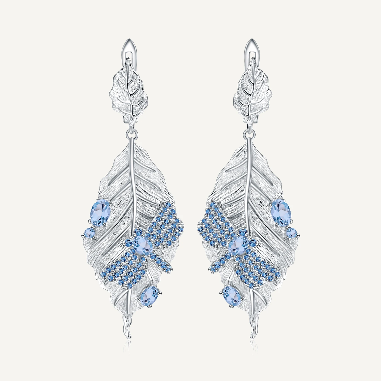 

GEM'S BALLET 1.57Ct Natural Swiss Blue Topaz Earrings Real 925 Sterling Silver Handmade Leaves Dragonfly Drop Earrings for Women