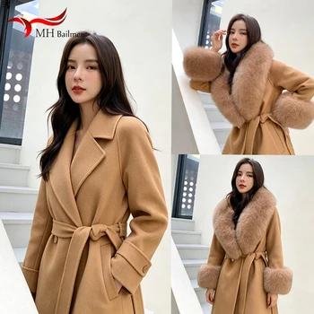 Ensemble de col et de poignets en véritable fourrure de renard pour femmes, manteau d'hiver, grand châle en fourrure moelleuse, écharpe chaude pour le cou, écharpes en fourrure pour femmes.