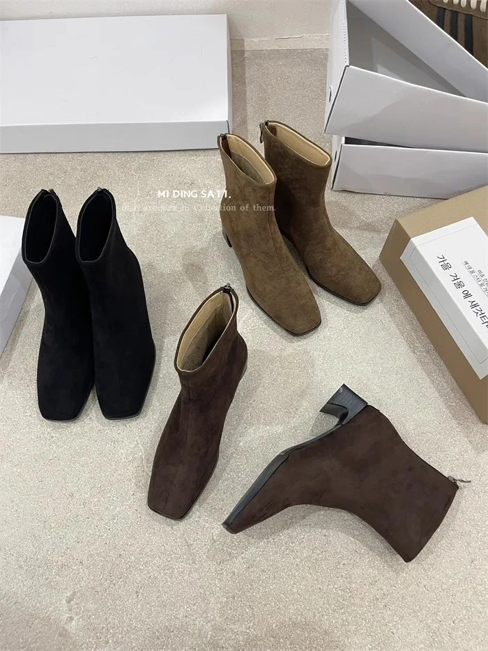 

Shoes Boots Luxury Designer Med Rubber Ankle Fashion Lace-Up Rome Fabric Retro Square Toe Basic Slip-On Flock Solid Hoof Heels