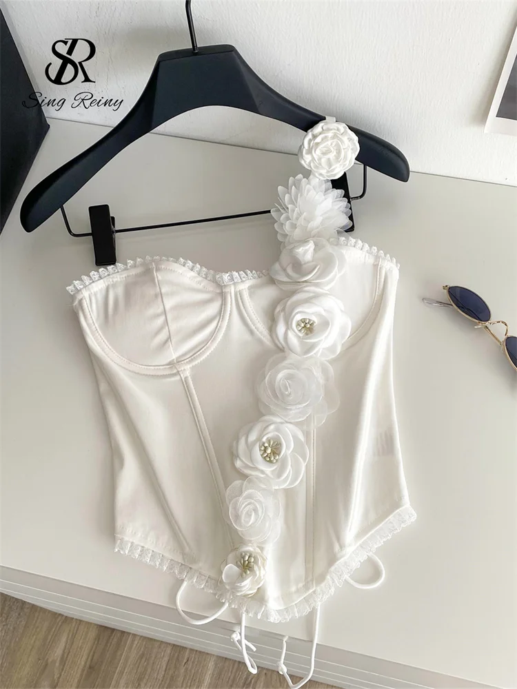 SINGREINY ثلاثية الأبعاد الأزهار حفلة تانك القمم حزام الإناث الكشكشة تقسم الدانتيل يصل سليم الملابس الداخلية أعلى مشد عالي الجودة مثير بروتيل