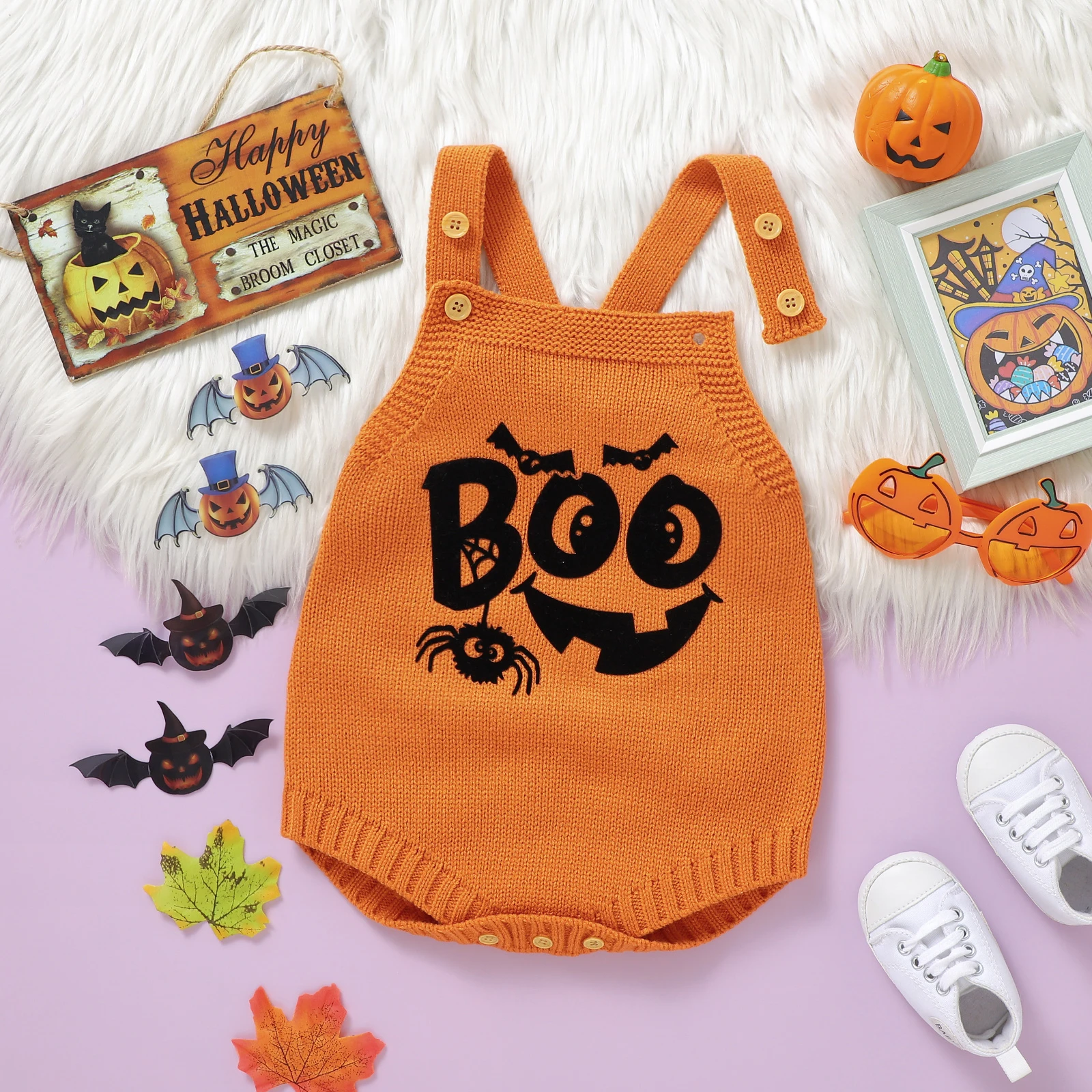 MISOWMNJOY 0-18M Baby Girls Boys Knit Bodysuits Halloween Newborn Sweater Rompers Overalls Spider Bat Infant Knitwear Clothes