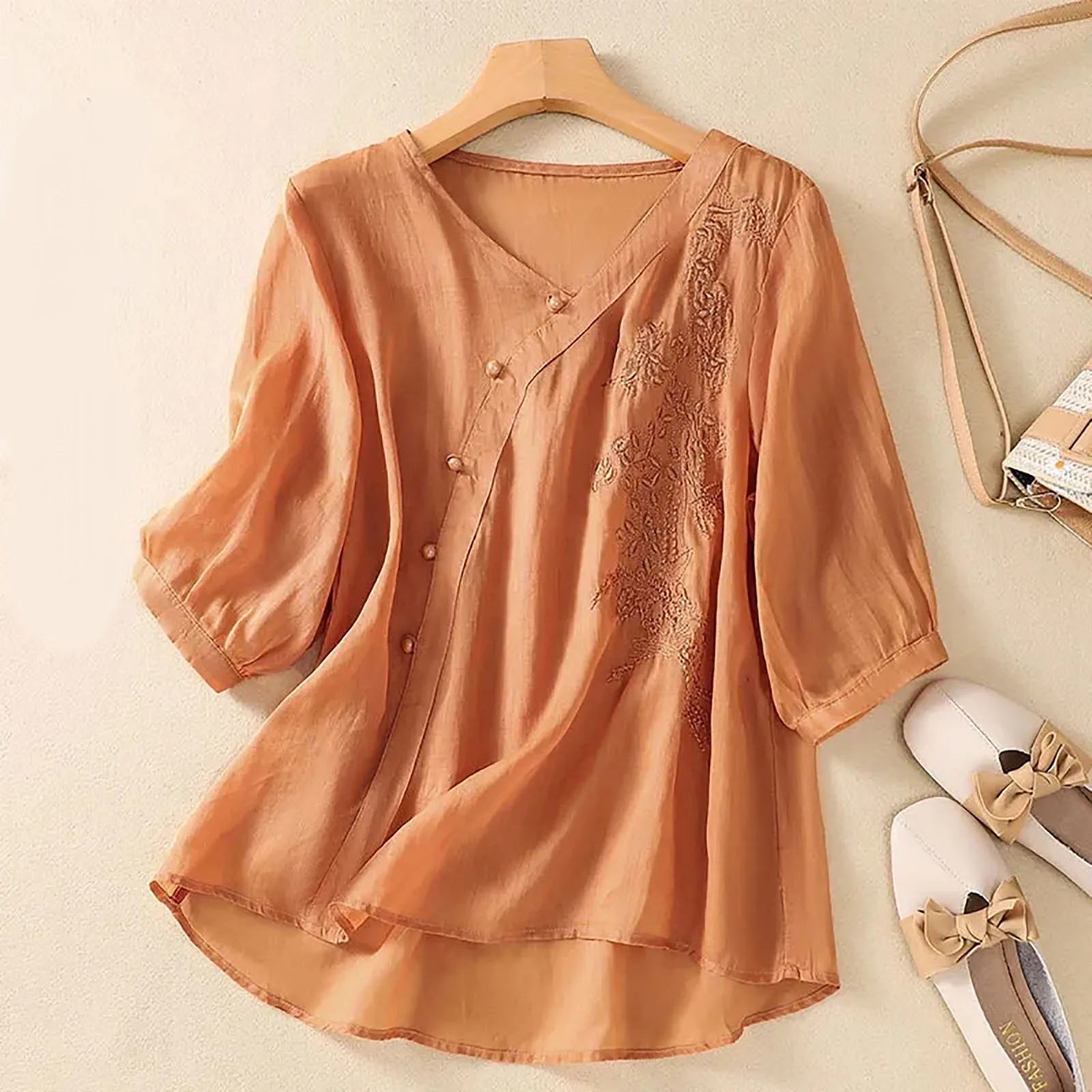 

Women Shirt Embroidered Long Sleeve Plain Loose Adult Simple Fashion Office Cute Commuting Shirt Cotton Linen Soft Elegant Tops
