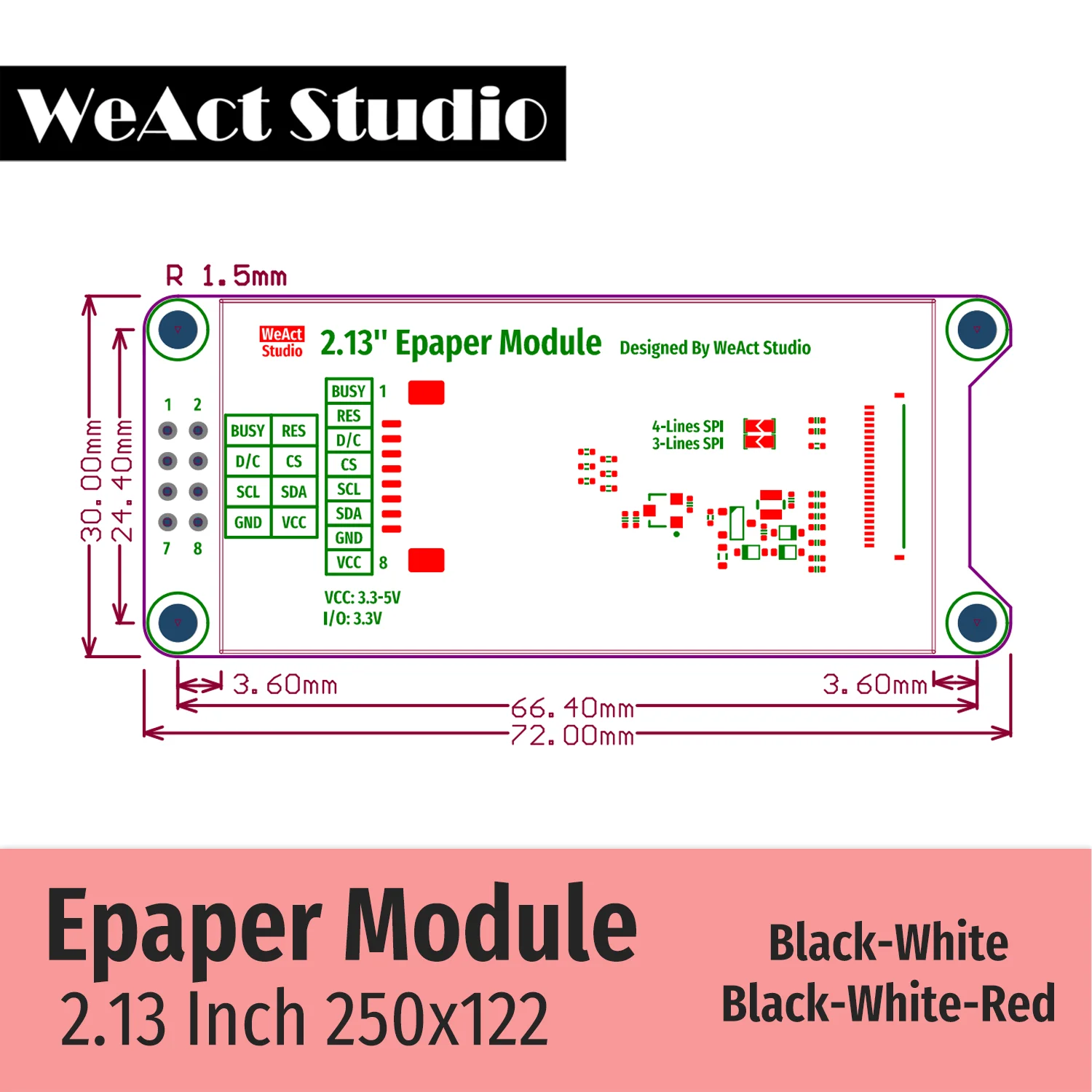 WeAct 2.9'' 2.13" 2.9 2.13 Inch Epaper Module E-paper E-Ink EInk Display Screen SPI Black-White Black-White-Red 5
