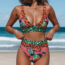 Ladies Summer Split Swimwears Fashion Leopard Floral Splicing High Waist Bikini Set Female Sexy V-neck Swimsuit Bathing Suit