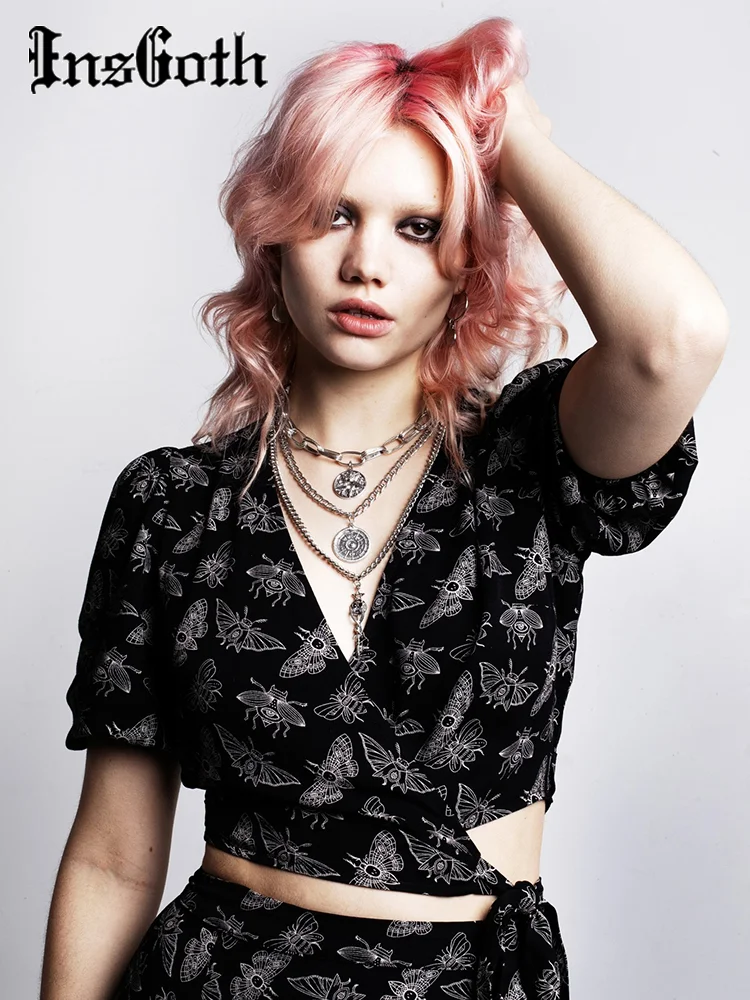 Insgoth Gothic Fairy Grunge Emo Y2k Harajuku Women Blouse Graphic Loose Butterfly Aesthetic Woman Top Gothic Pattern T Shirt T Shirts Aliexpress
