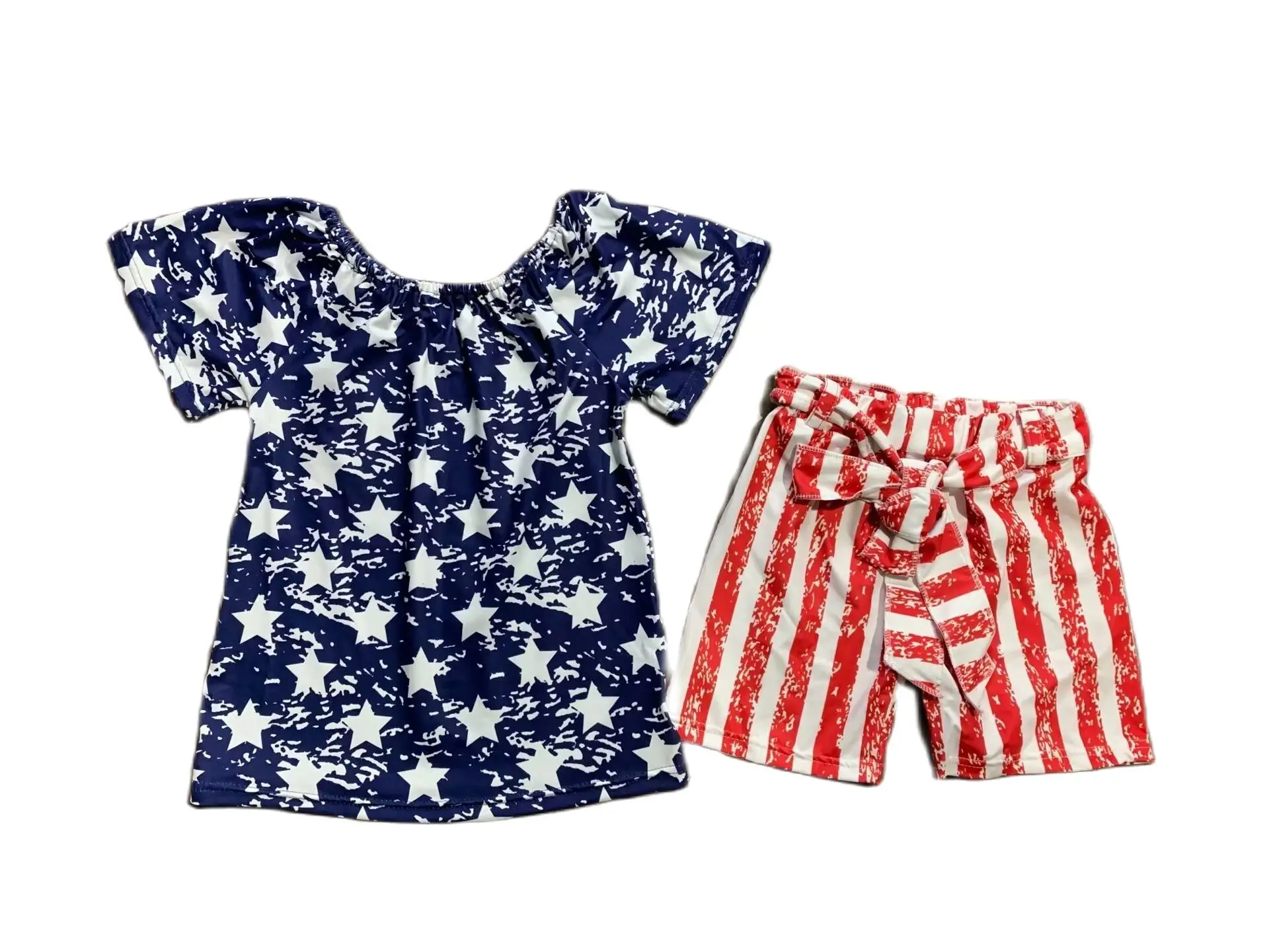 

RTS July 4th Kids Summer Set Children Navy Star Tie Dye Short Sleeve Shirt Red Stripe Belt Shorts Baby Girl Outfit Clothes