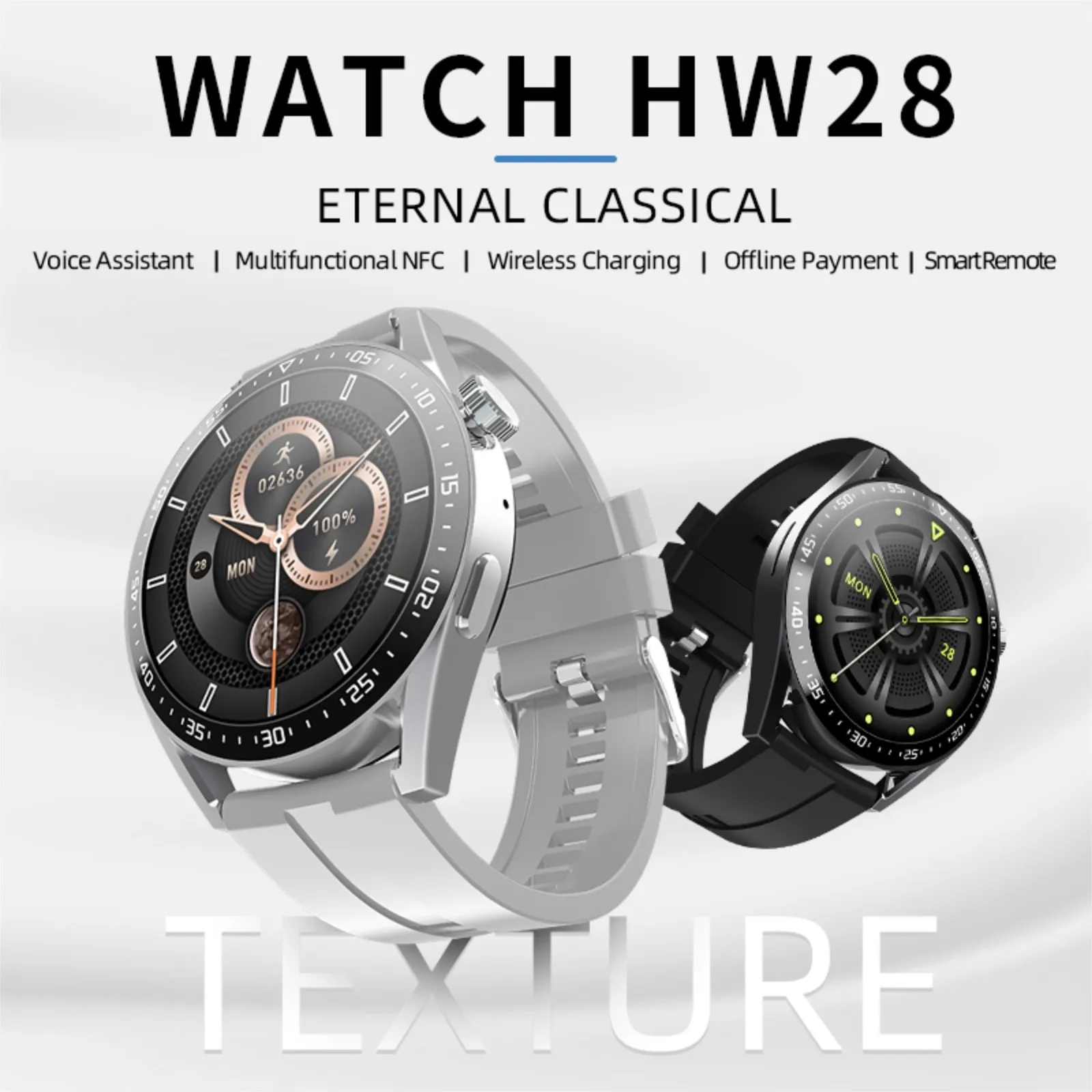 

2023 New Smart Watch HW28 NFC Smart Watch Men 1.39 Inch HD Screen Voice Assistant Bluetooth Call Calories Pk Huawei GTR 3 GTS 2