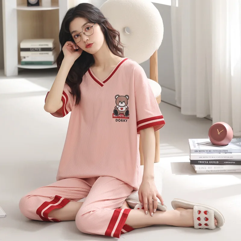 Summer new Women Pyjamas cotton Pajamas Sets Sleepwear Casual Nightwear Pijama Mujer Shorts sleeve M-2XL home clothes set