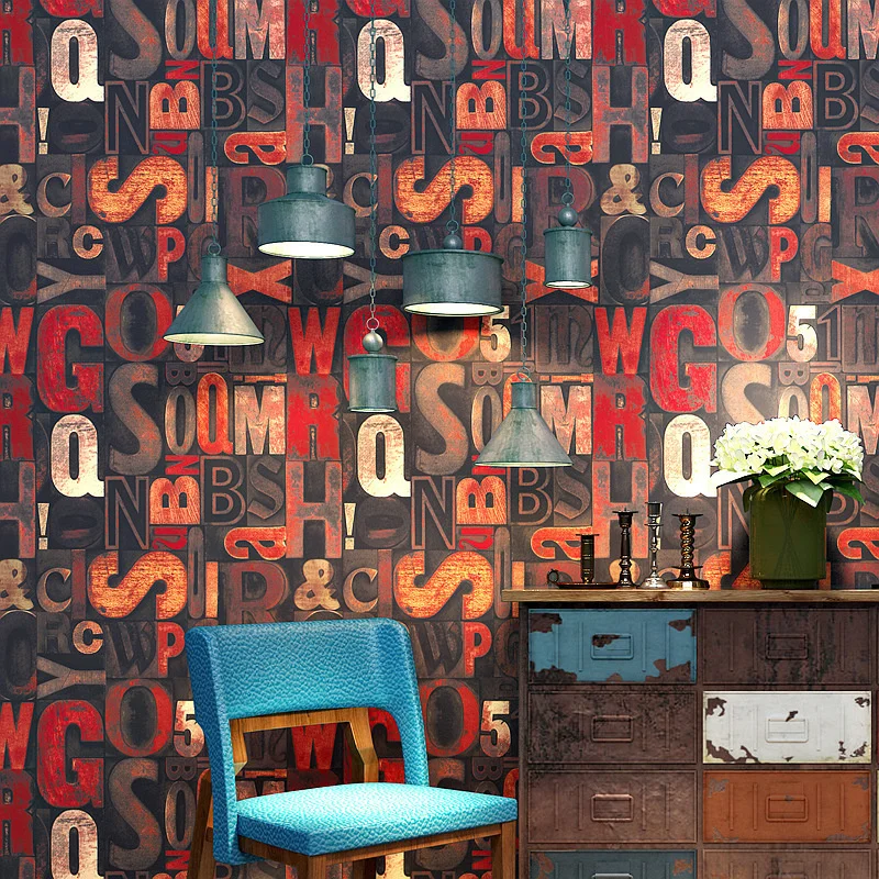 Industrial style wallpaper nostalgic American Internet cafe graffiti loft English letters personalized fashion background wall |