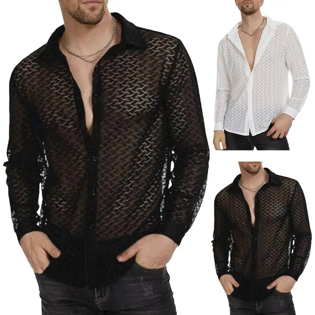 

Hollow Mesh Long Sleeve Shirt Men's Lace Mesh Cardigan with Turn-down Collar for Summer Vacation Beach Wear Sheer for Stylish