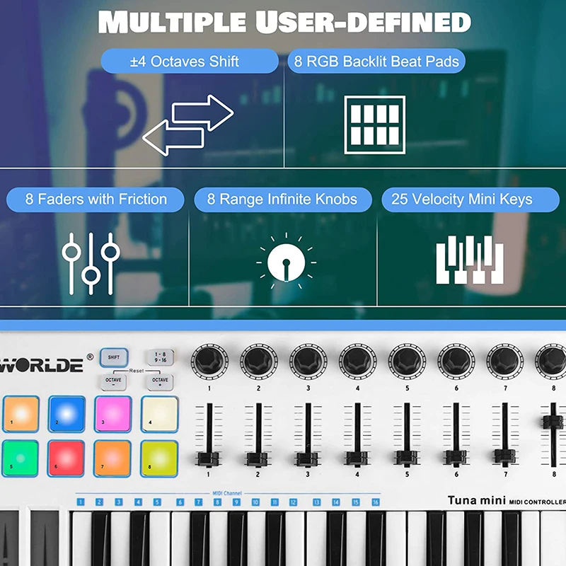 MIDI Controller 25-Key Portable USB Keyboard and Drum Pad Music Arranger Electronic Sound Controller