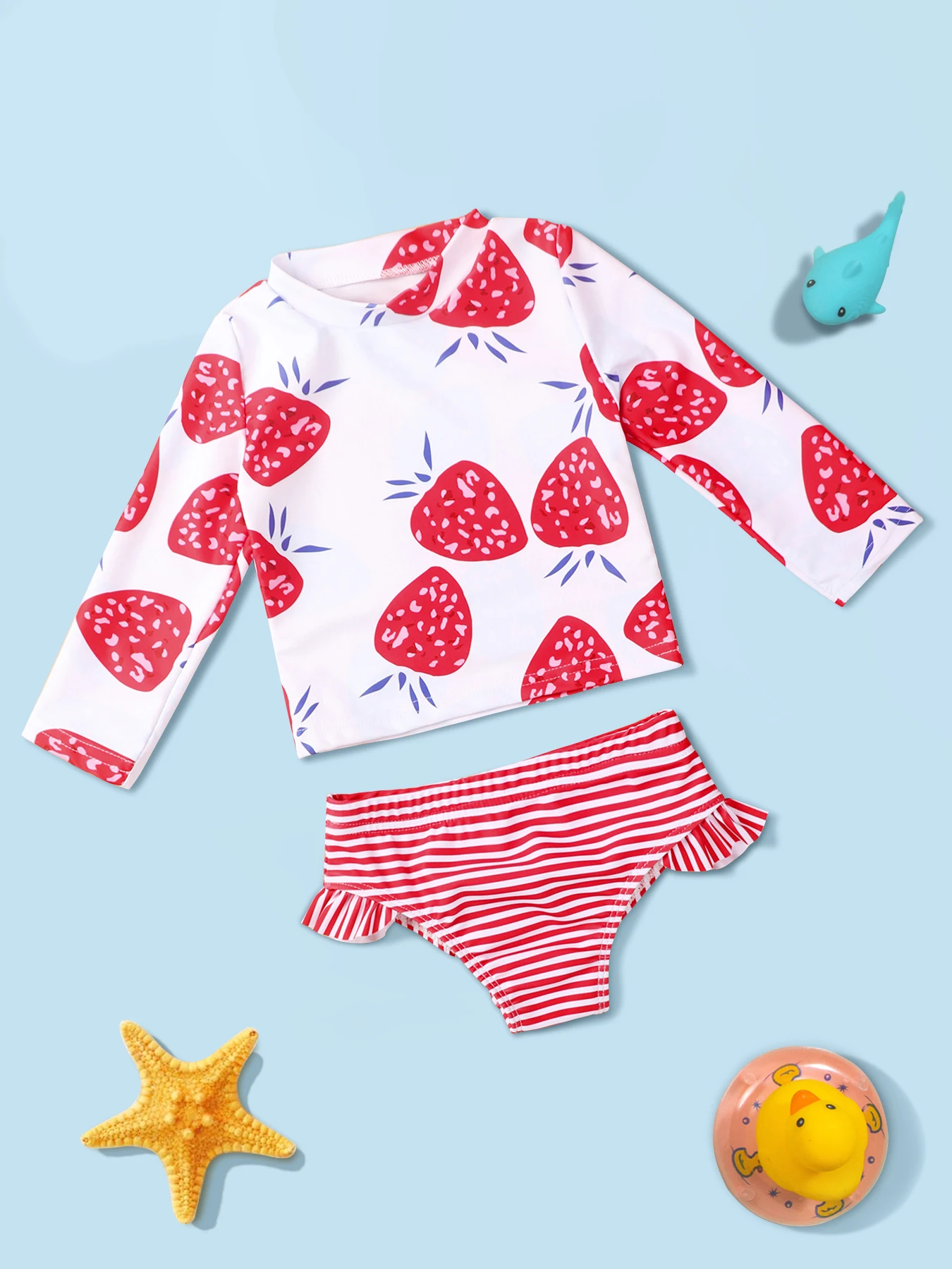 Baby Girls Two Piece Swimsuit Strawberry Print Swimwear Kids Swimming Clothing Long Sleeve Summer Beachwear Bathing Suit,children swimwear