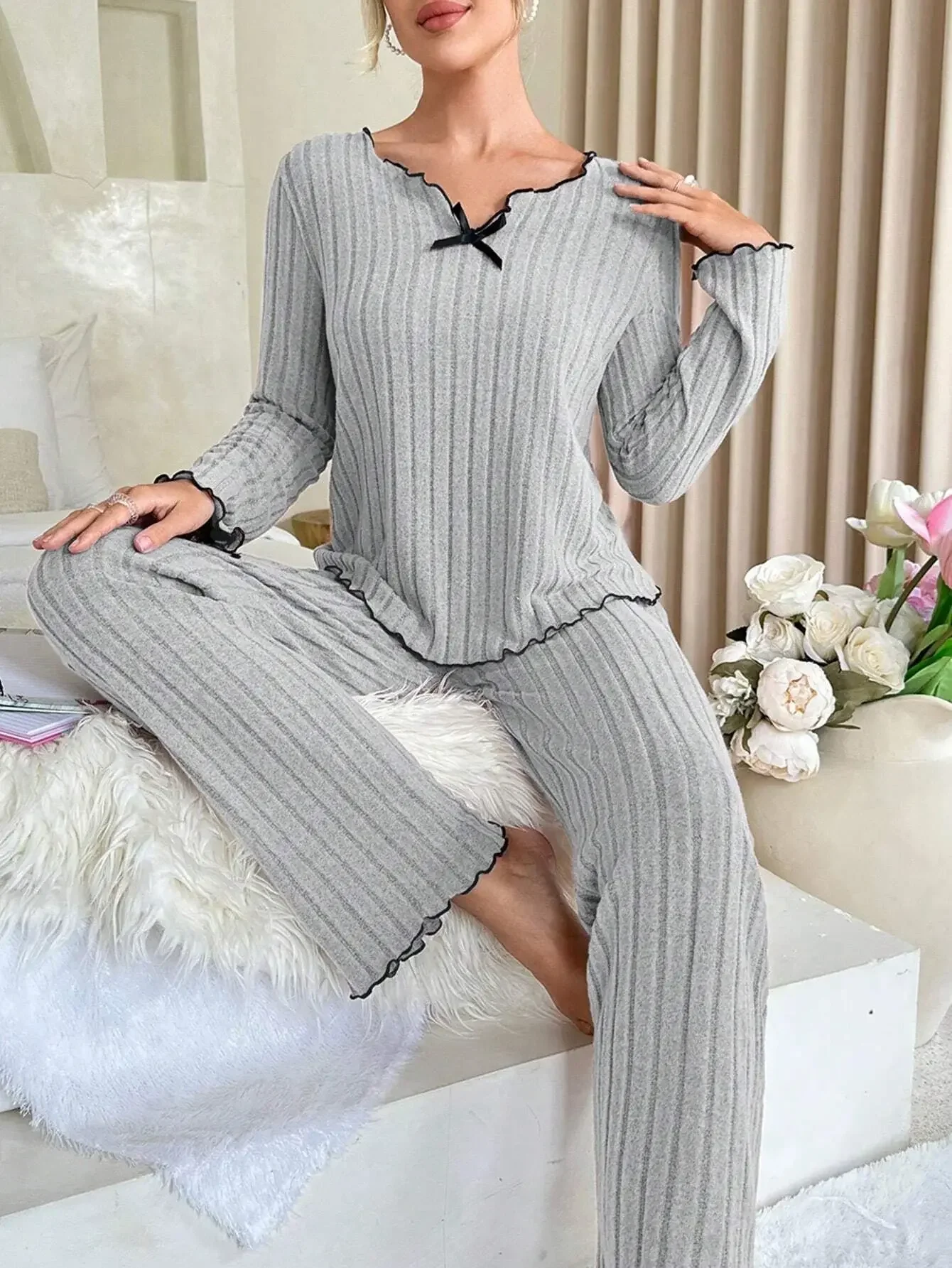 Mulheres outono inverno pijamas com nervuras conjunto de manga longa topo e calças compridas 2 peça conjunto casual homewear loungewear 7