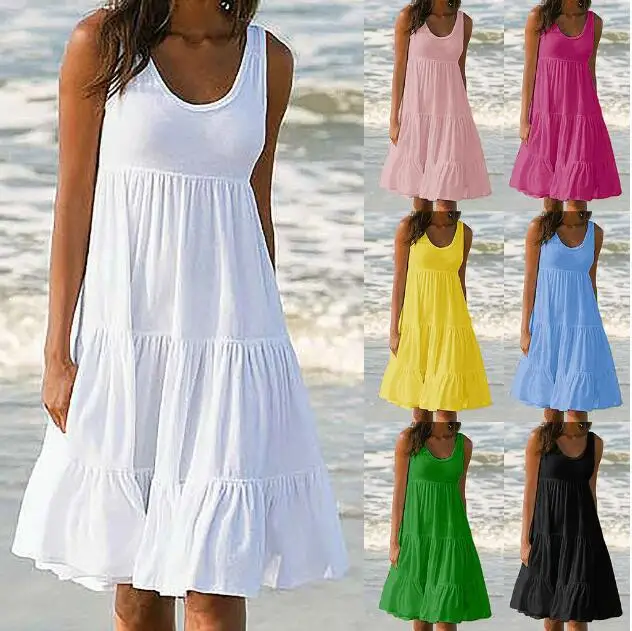 

Oversized S-5XL Women Loose Patchwork Sundress Summer Female Sleeveless Pleated Sand Beachwear Dress SYFS-01