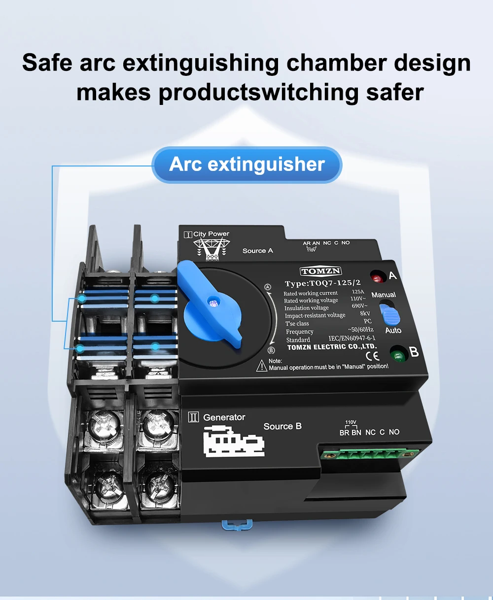 Din Rail ATS 110V 120V Dual Power Automatic Transfer Electrical Selector Switch