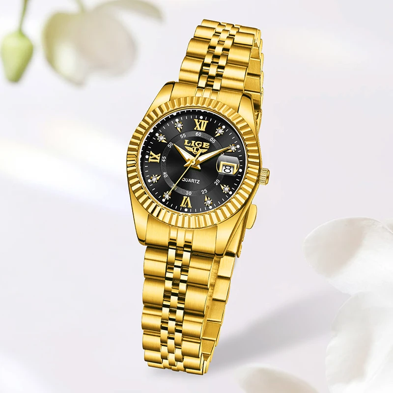 LIGE Fashion Golden Watch for Women Stainless Steel Waterproof Women's Watches Elegant Original Luxury Ladies Quartz Wristwatch