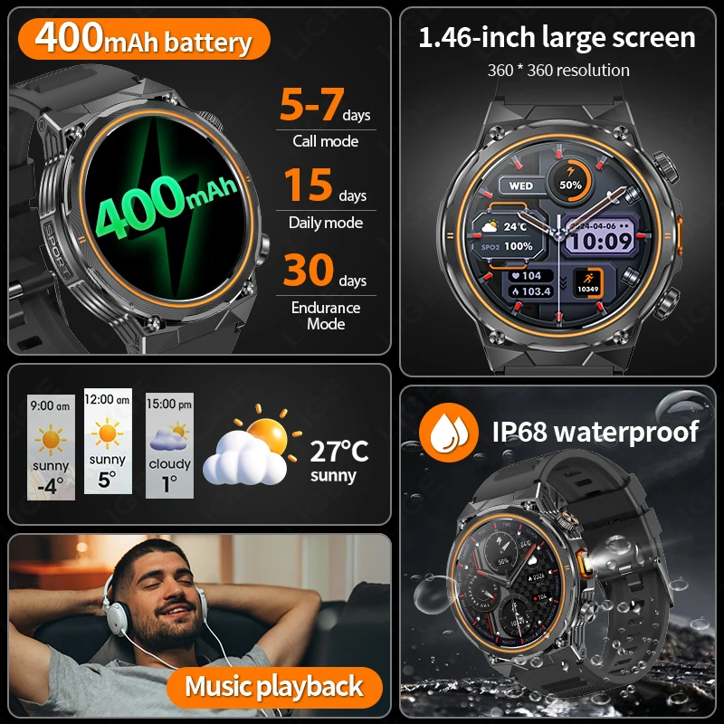 LIGE New 400mAh Battery Wireless Call Smart Watch Men Full Touch Screen Health Monitor Clock With Flashlight For IOS Android