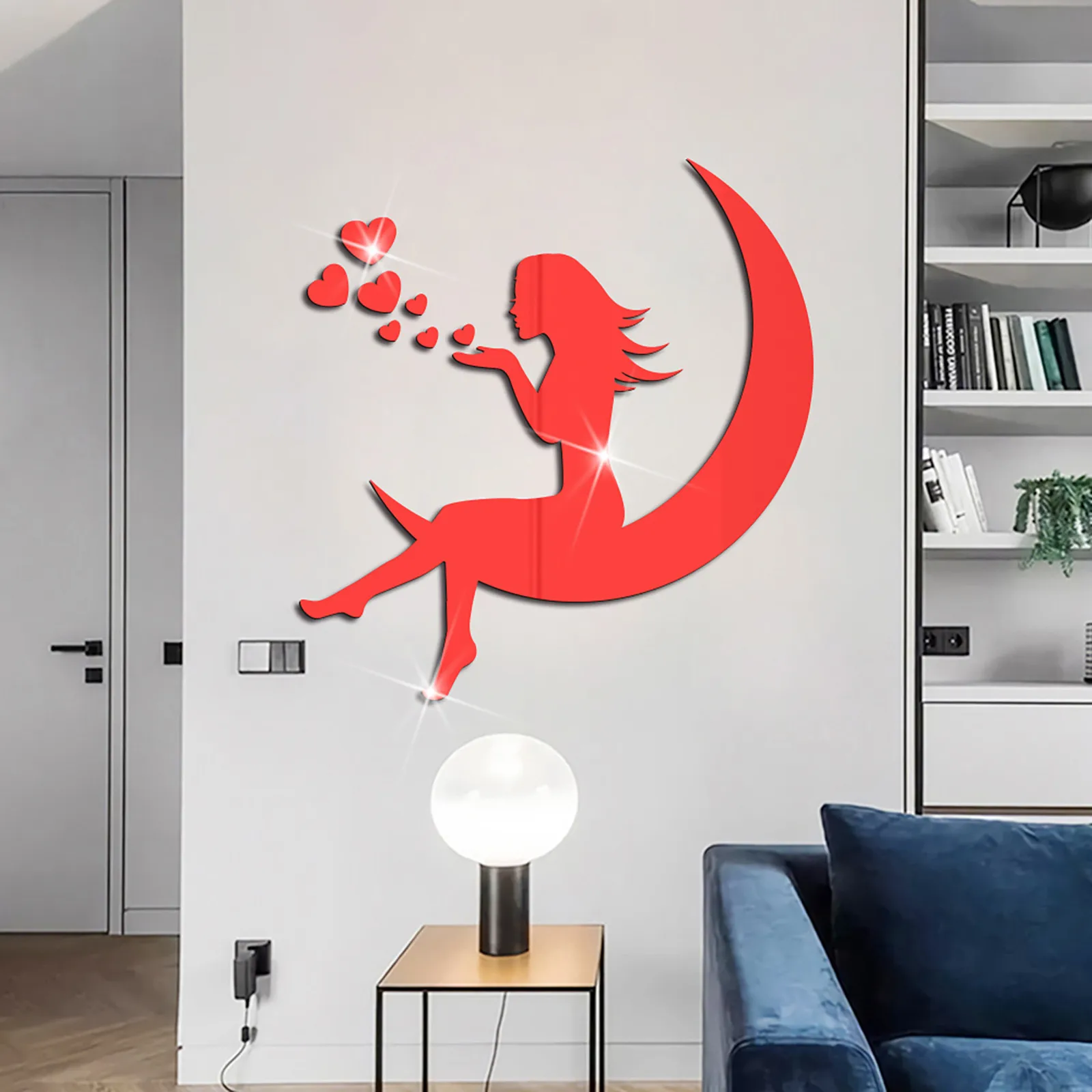 Wall Sticker Mirror Wall Sticker Acrylic Wall Sticker 3d Girl On Moon Mirror Stickers Valentine's Day Wallpaper Acrylic Waterproof Self-Adhesive Paper For Living Room