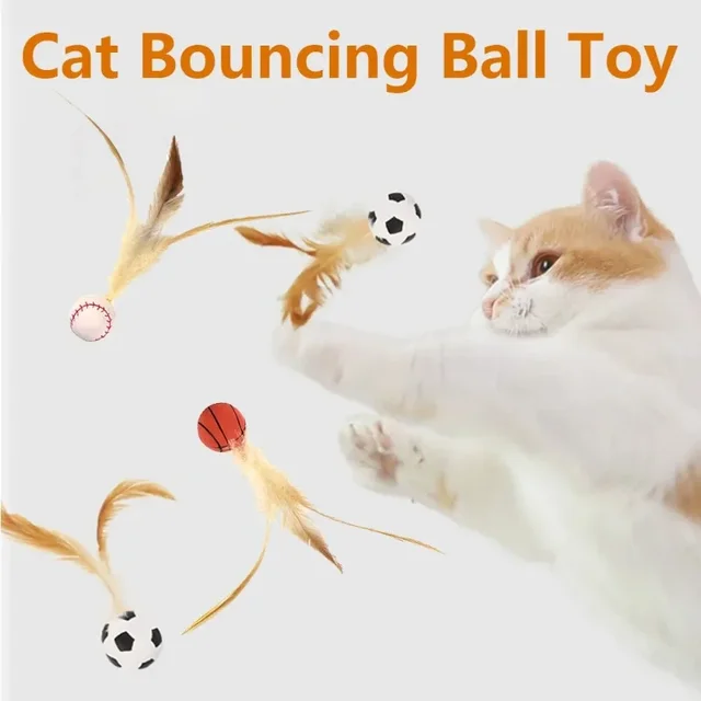 Interactive cat ball toy with feather elastic color bouncy ball indoor kitten adult cat hunting chasing sports game pet toy 6