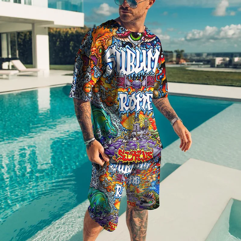 Trend Male Clothing Oversized 3D Letter Printed Men's 2 Piece Sets T Shirts Shorts Outfits Hip Hop Men Short-sleeves Tracksuit 2 pieces sets men fashion striped printed short sleeves single breasted loose shirts and shorts joggers streetwear hip hop set