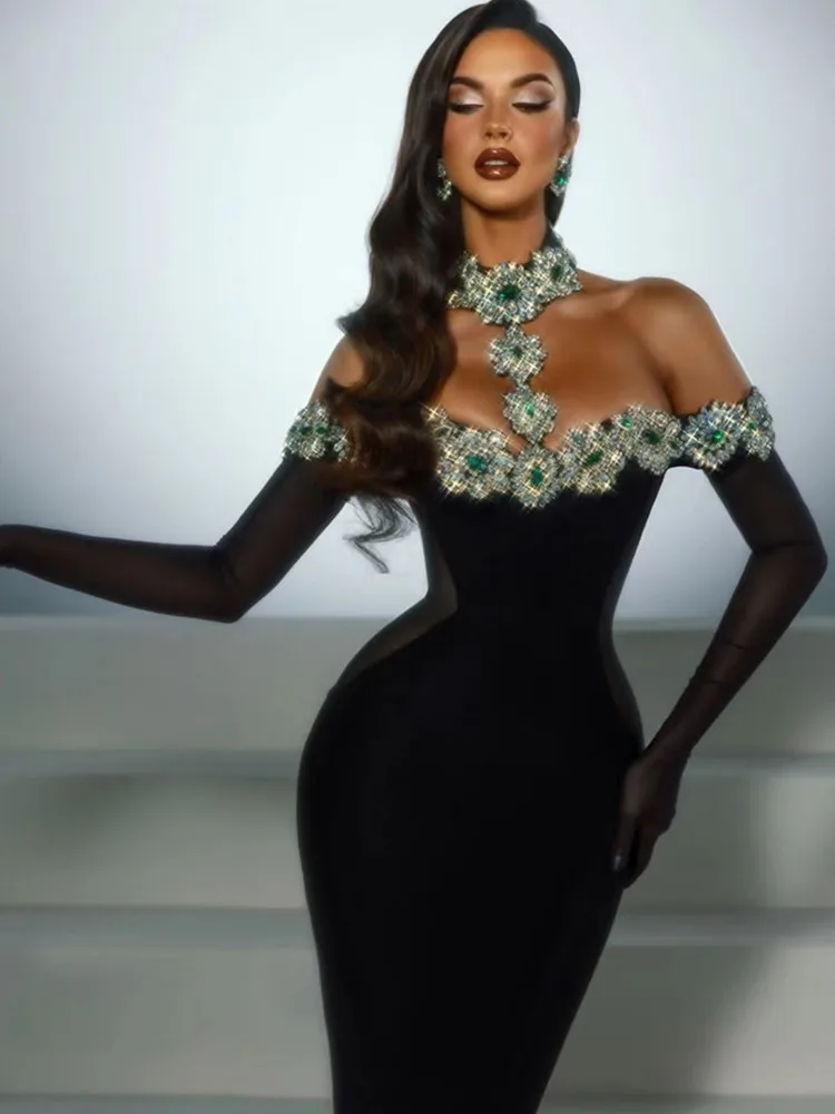 Summer Bandage Dress 2025 Women Celebrity Sexy Diamonds Crystal Black Maxi Long Bodycon Elegant Evening Club Party Dress - Image 2