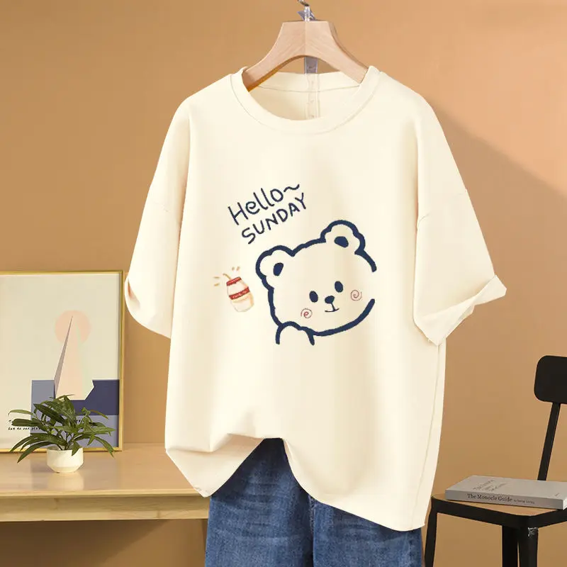 

Women Cartoon Printed 100% Cotton T-shirt Summer Short Sleeve O-neck Pullover Basics Comfortable Loose Top Tees M-5XL